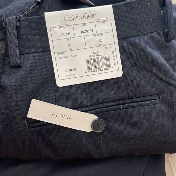 Calvin Klein Checked Slim-Fit Wool Trousers-NAVY-33X32 - Picture 2 of 3